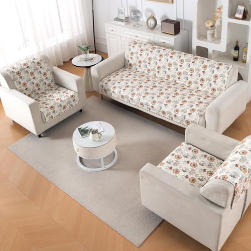 Image of HOKIPO Wildflower Breeze Quilted Sofa Cover 5 Seater Set - Washable 3+1+1 Sofa Cover for Seat & Back with Tassel Design | 'Tassel Twigs' Series (NEW-IN-991-T7 + IN-989-T7)