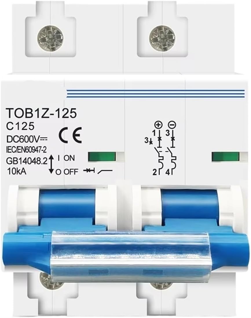 TOB1Z-125 2P DC Circuit Breaker 600V 80A 100A 125A DIN Rail Mount Miniature MCB 10kA C Curve Overcurrent Switch for Solar PV Combiner Box Power Distribution Panel(80A)