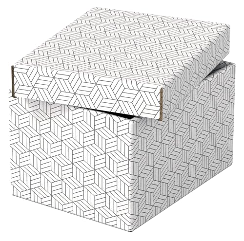 Esselte Caja Pequeña de Cartón para Almacenaje y Regalos con Tapa, Pack de 3, Almacenaje para la Oficina, Casa y Regalos, 100% Cartón Reciclado, 100% Reciclable, Diseño Geométrico, Blanco, 628280