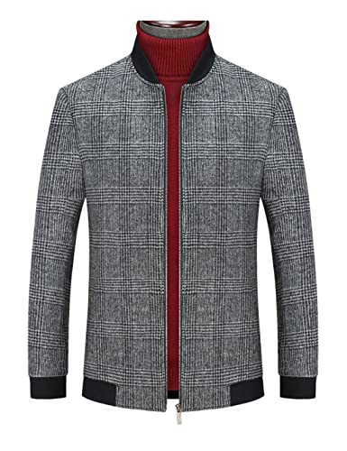 Kwoki Men's Wool Blend Bomber Jacket Full Zip Fall Winter Warm Coat Retro Plaid Outwear with Pockets3