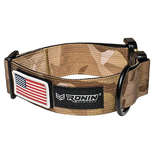 Tactical Dog Collar by Ronin Factory - Military Dog Collar - American Flag Dog Collar for Small, Medium & Large Dogs - Dog Collar (Tan Camo, Medium Large)