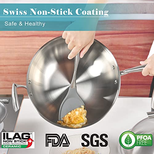 Foodstudio 12.6 Inch Stainless Steel Wok Pan With Lid - 5 Ply Steel Skillet,Professional Grade Wok For Cooking With Stay Cool Handle,Works With Induction,Large Capacity, Electric, And Gas Cooktops #TOP2