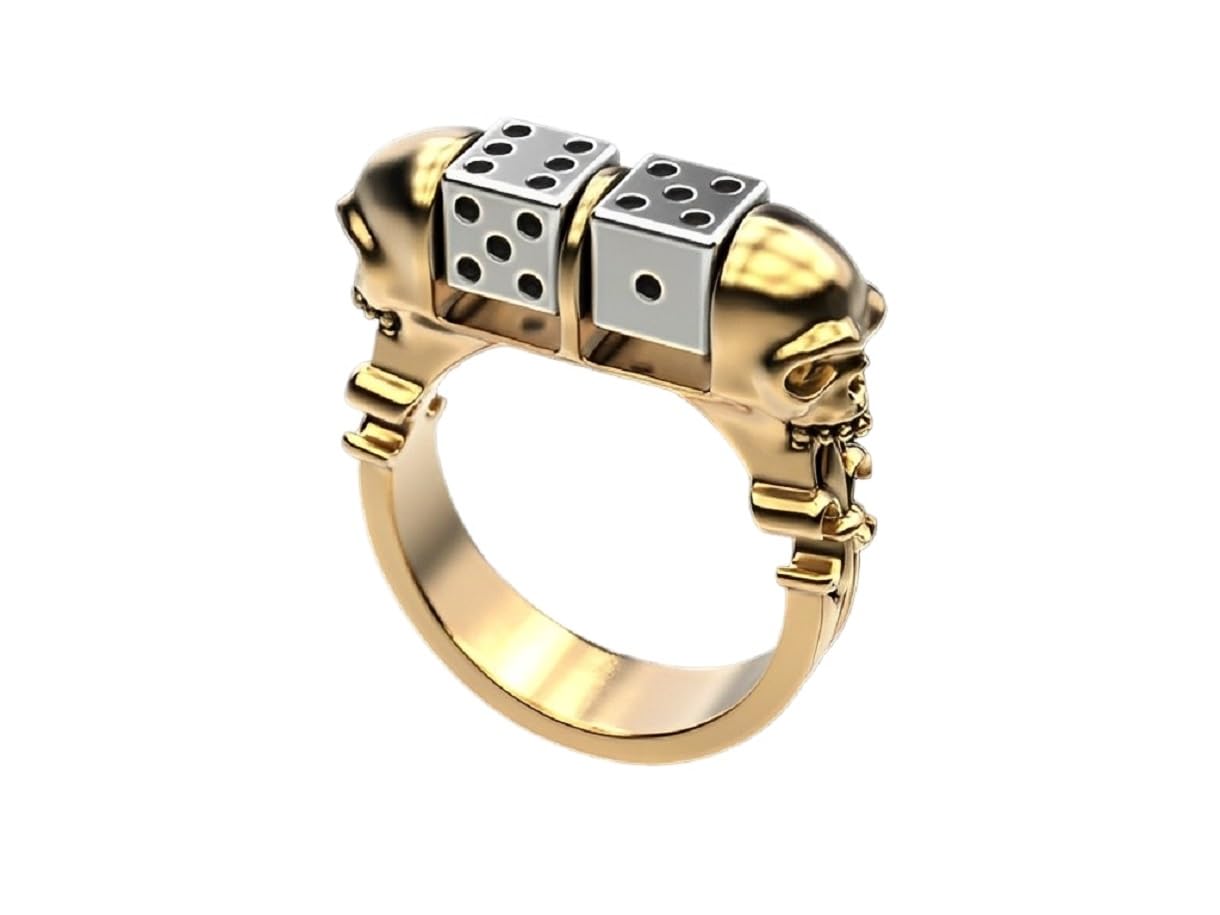 Skull Dice Biker Ring, Gothic Skull Dice Ring for Men, Punk Dice Biker Ring Hip Hop Skull Halloween Biker Jewelry, Lucky Dice Ring Men’s Gold Skull Dice Biker Ring Two Tone Skull Ring for Boys