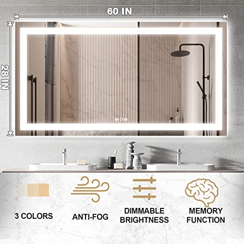 Okpal 60X28 Inch Bathroom Vanity Mirror With Double Lights, Anti-Fog Dimmable Makeup Mirror For Wall, Memory Touch Button, 3 Color Lights, (Backlit + Front-Lighted) #TOP1
