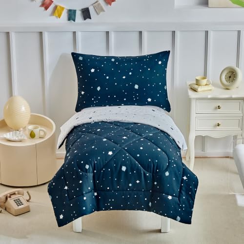 Image of DuShow Star 4 Pieces Boys Toddler Bed Comforter Set Dark Blue Reversible Toddler Bedding Set Soft Baby Crib Bed Sheets Set in a Bag | Include Quilt Comforter,Flat Sheet,Fitted Sheet,Pillowcase