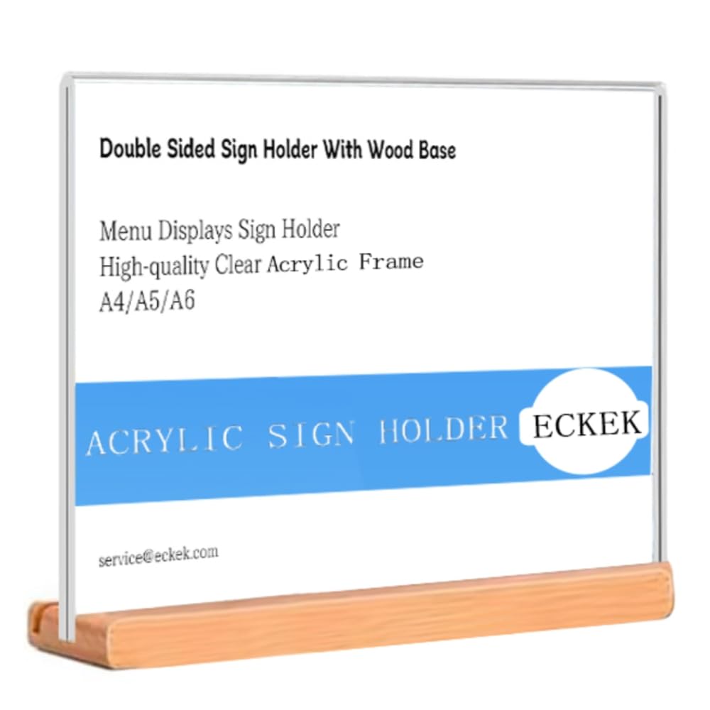 ECKEK Acrylic Sign Holder A4/A5/A6 Menu Displays Double Sided, Wood Base Table Top Sign Stand (Horizontal A4 210×297mm/8.27×11.69 inches)