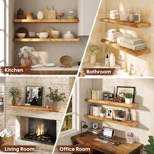 Image of 24 inch Floating Shelves Set of 2, Solid Elm Wood, Natural Live Edge