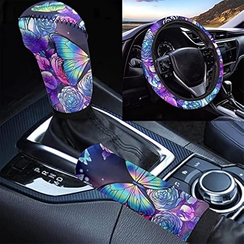 WELLFLYHOM Butterfly Rose Steering Wheel Cover for Car for Women Purple Car Accessories 3 Piece Set Gear Shift Knob Cover Handbrake Cover with Car Wheel Protector Universal Fit Trucks SUV Cover
