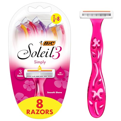 BIC Soleil 3 Simply Women’s Disposable Razors, 3 Blades With Moisture Strip For a Silky Smooth Shave, 8 Piece Razor Set