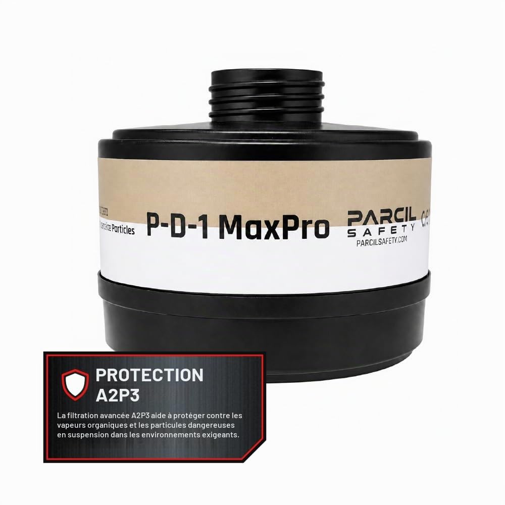 Parcil Safety – P-D-1 - Cartouches filtrantes au charbon actif pour masque respiratoire intégral | Filtre contre les vapeurs organiques pour masque à gaz et respirateur – P3