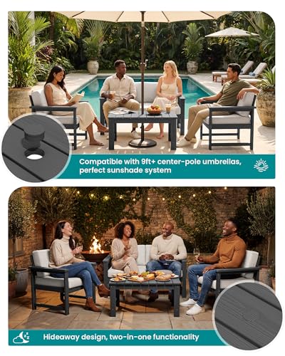 Image of SERWALL 4 Pieces HDPE Outdoor Sofa Set with Cushions, All Weather Use Loveseat Furniture Sofa Set, Outdoor Conversation Couch with Coffee Table for Patio, Grey Frame with Khaki Cushions