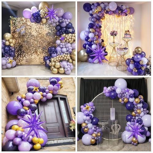 Image of Purple Balloon Arch Kit 110PCS Dark Purple and Gold Balloon Garland with Star Metallic Violet Lavender Lilac Birthday Party Balloons for Butterfly Baby Shower Graduation College School Prom Decoration