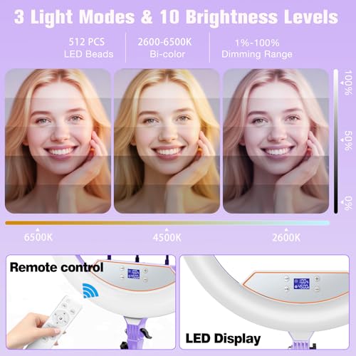 Image of 22 inchRing Light with Stand,Ring Light Tripod for iPhone ipad,with 75 inchTripod /LCD Display /4 ipad iPhone Clips /2 USB Ports,2600K-6500K Color Temperature,for Barber Makeup Tattoo TikTok Video Recording Vlog