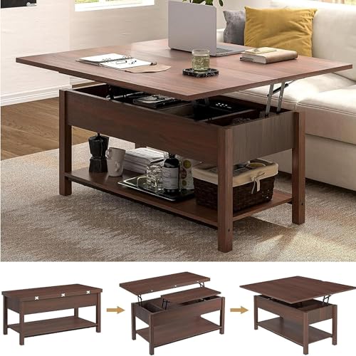 Recopilación de Mesas de centro Top 5. 43 HOMELYA Mesa de Centro para Sala - De Madera Elevable 4 en 1 - Estantes y Compartimento Oculto - Doble Varilla de Estrés - Ideal como Mesa para Cafe o Mesa Auxiliar (Cafe)