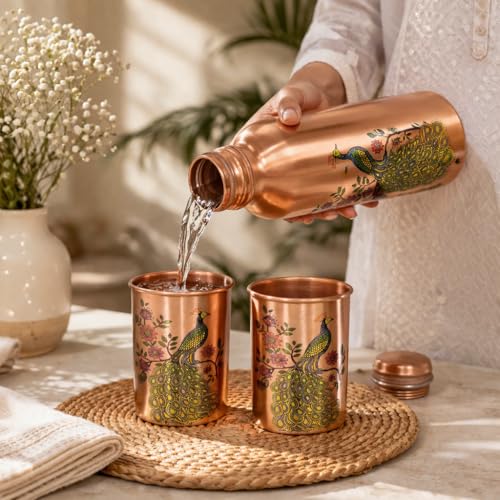 Image of JAIPUR ACE Pure Copper Water Bottle with Glass Set Peacock Design | 100% Copper Drinking Bottle Set I Ayurvedic Health Benefits Leak Proof Premium Designer Bottle Set for Home Office (Royal Peacock)