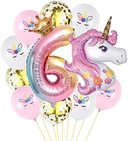 6th Unicorn Balloons, 6th Birthday Decorations Girl, Number 6 Foil Balloon Gradient Balloons for Girls Unicorn Birthday Decorations