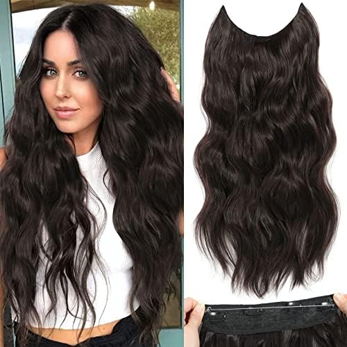 Halo Hair Extensions Adjustable Long Wavy Hairextension Synthetic Wig Upgrade 4 Secure Clips in Hairpieces Invisible Wire Black Hair Extensions (20 Inch, Chocolate Brown)
