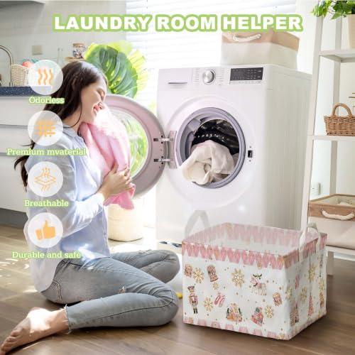 Image of Pink Christmas Nutcracker Storage Baskets, Empty Christmas Gift Baskets, Pastel Nutcracker Home Decorations, Large Square Waterproof Laundry Hamper Coating, Foldable Toy & Clothes Bins for Bedroom