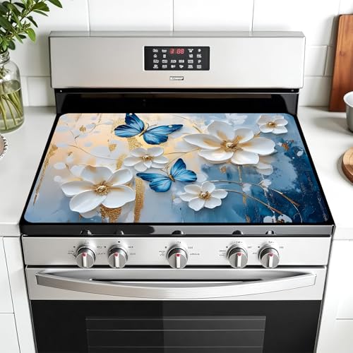 Image of Multi-Design Stove Top Cover for Glass /Electric Stoves - 3-in-1 Heat-Resistant Protector Mat, Non-Slip Drying Rack 28 inchx20 inch (Butterflies, 28 inch L x 20 inch W)