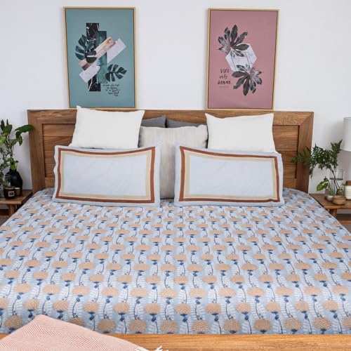 Image of Toolika Premium Hand Block Printed Bedsheet | Bed Sheet Flatsheet | Pure Cotton | Double Bed King Size 108 inchx108 inch | 300 TC Bedsheets | Includes 2 Pillow Covers | Flower Spread