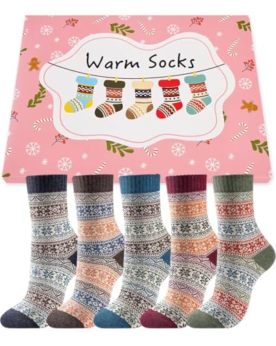 Stoeury 5 Pairs Womens Thermal Winter Wool Socks Breathable Cozy Thick Warm Knit Ladies Colourful Bed Socks Holidays Birthday Christmas Gift for Women Ladies Wife Mum Friends
