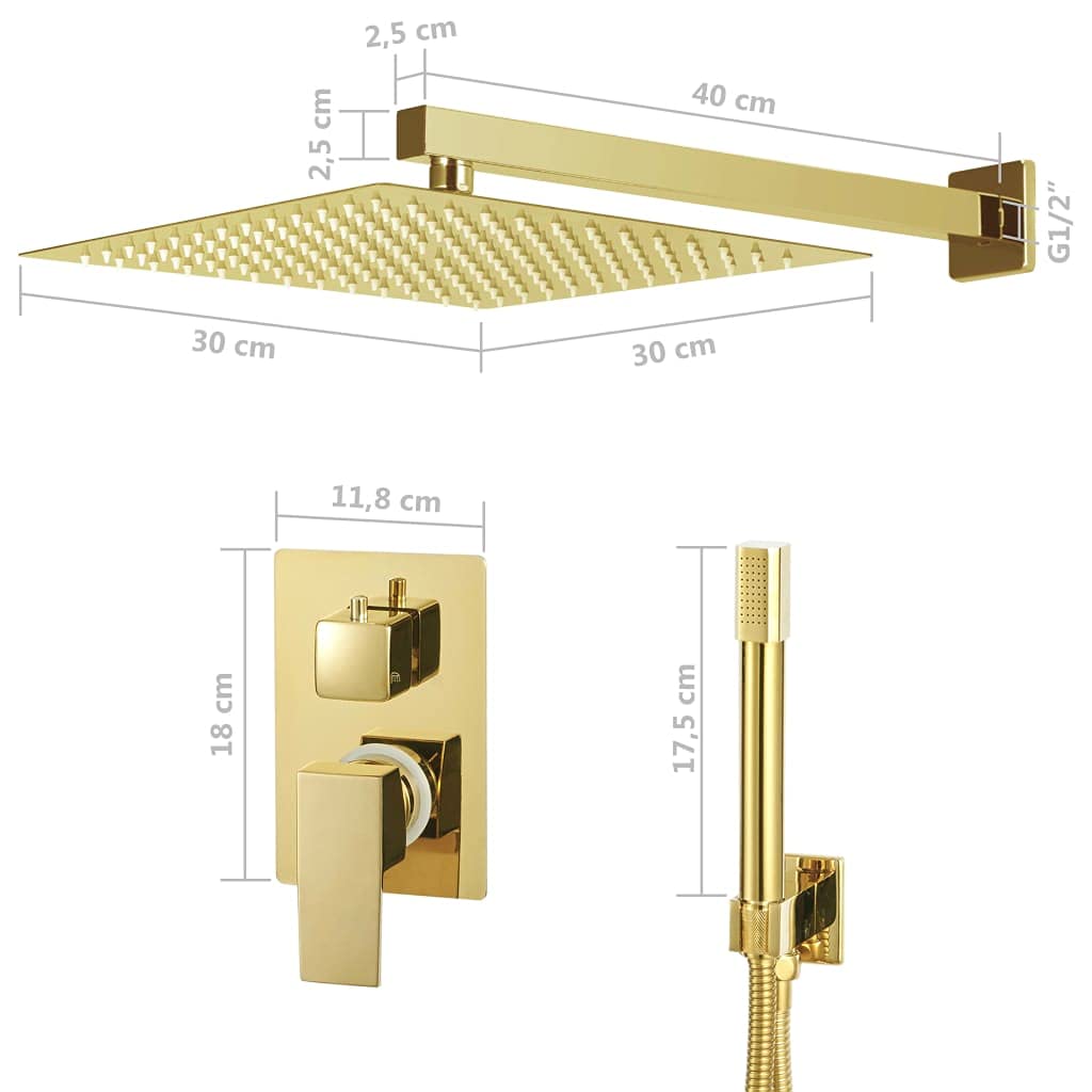Sistema doccia dorato in acciaio inox 201 con soffione da 30 x 30 cm, tubo da 150 cm, doccetta a mano, 168 ugelli in silicone, attacco G 1/2 per vasca da bagno e box doccia