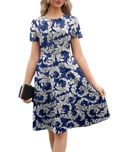 Image of Women's 2026 Fit and Flare Dress Summer Casual Elegant Vintage Floral Printed Work Party A-line Dress with Pockets 162