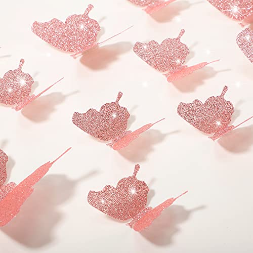 36 Stücke DIY Glitzer Schmetterling Kombination 3D Schmetterling Wandaufkleber Abziehbilder Haus Dekoration (Glitzer Rosa)