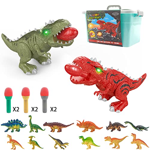 Juego de juguetes de dinosaurios para niños,2pcs juegos de disparos de dinosaurios y 12 mini dinosaurios,con luces,disparos y caja de almacenamiento para niños de 3 a 8 años (Set Dinosaurios) Cover