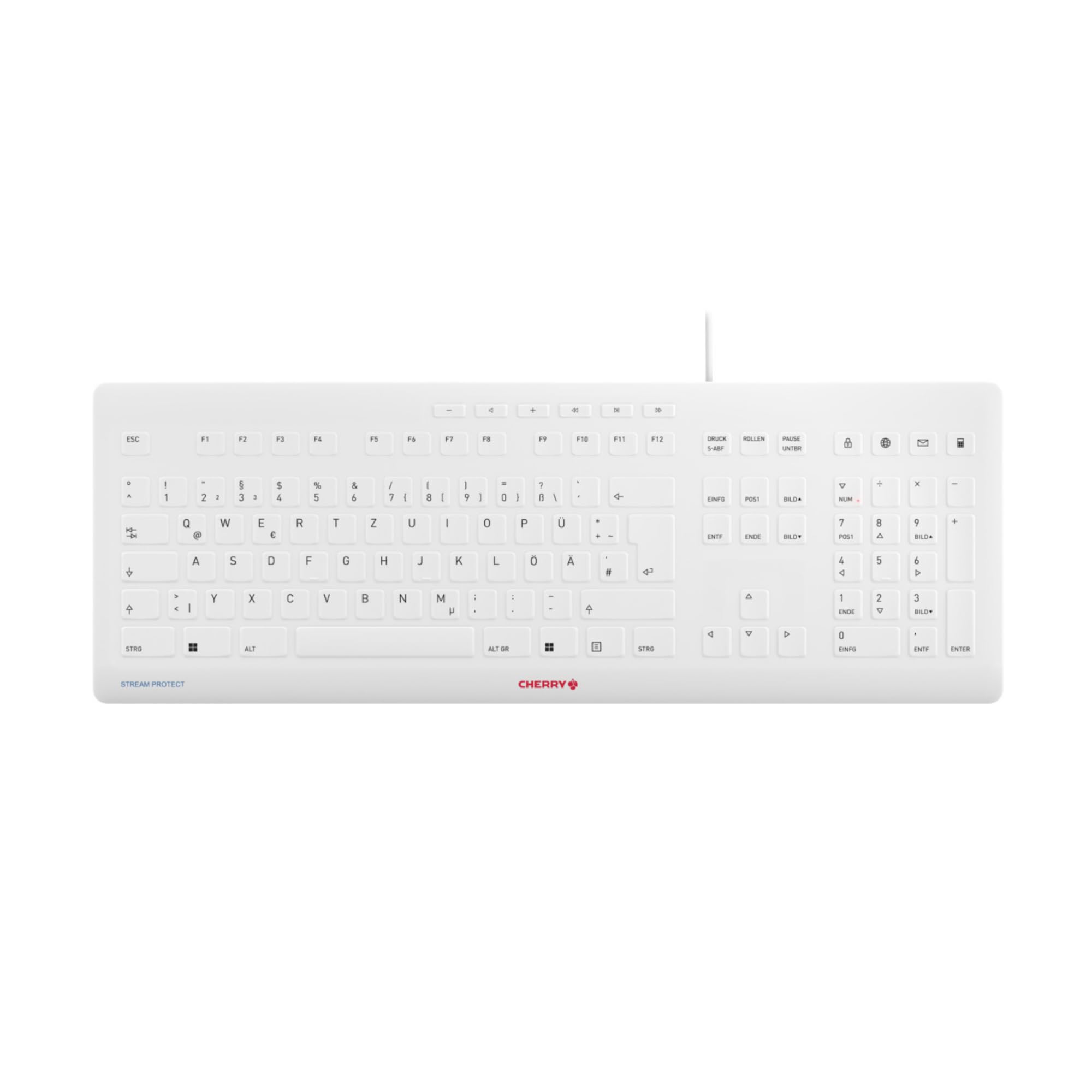 CHERRY STREAM PROTECT KEYBOARD, Tastiera Con Filo con Copritastiera Removibile in Silicone, Layout per la Germania (QWERTZ), Design piatto, Disinfettabile, Bianco-Grigio