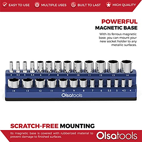 Image of Olsa Tools Magnetic Socket Organizer - 1 /4-Inch Drive Metric Socket Holder with Strong Magnets - Professional Tool Holder and Organizer - Stores up to 26 Sockets - Blue - Part: 1072