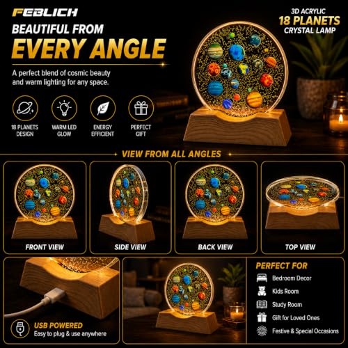 Image of 3D Acrylic LED Night Light - Warm White & 18 Planets Design with Durable Plastic Base, Decorative Table Lamp for Bedroom, Living Room, Kids Room, Study & Home Decor Gifting
