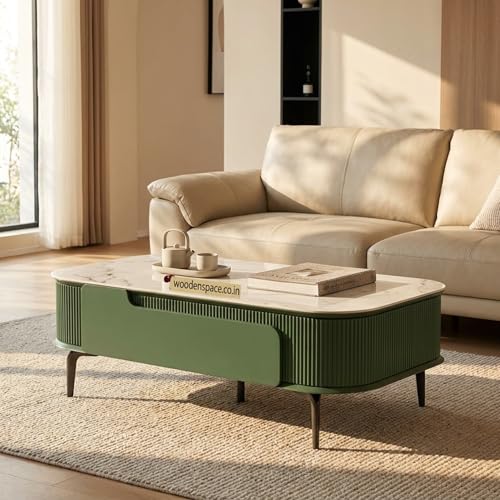 Image of WOODEN SPACE Premium Solo Marble-Top Wooden Center Table for Living Room | Iron Legs | PVD Coating | Modern Entryway Furniture | Coffee Table - 42X24X18 in (Dark Green)