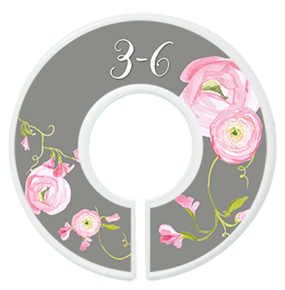 Divisores de armario de guardería, organizadores de armario, organizadores de ropa de bebé niña rosa gris floral (tamaño NB+0-24M (7 anillos))
