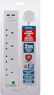 New Extension Lead Cord UK Cable Electric Mains Power 1 2 3 4 6 8 10 Gang Way Surge Protected Tower 3 PIN Multi Socket Plug AMP Switched REELS Indoor Outdoor Heavy Duty USB (4 Way 2M Surge Protected)