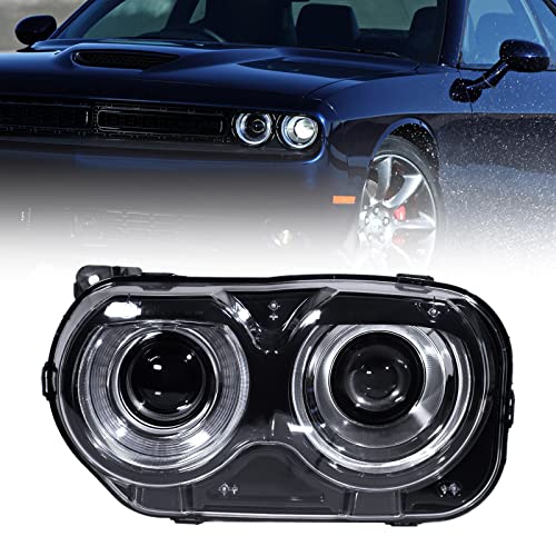 FIONE - For Dodge Challenger Headlight Assembly 2015 2016 2017 2018 2019 2020 2021 Black Housing Halogen Headlamps Replaceable Left Driver LH Side Headlights 68174065AF CH2502267