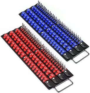 Mayouko 80-Piece Portable Socket Organizer Tray, 2 Pcs Set, Blue & Red, Tools Organizer 1/4-Inch, 3/8-Inch, 1/2-Inch, Heavy Duty Socket Holder, Black Rails, Blue & Red Clips
