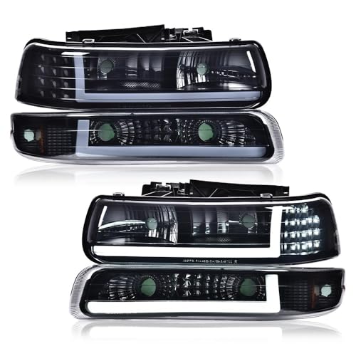 CHEDA LED DRL Headlight Assembly Lamp Left+Right Sides Compatible With Chevy Silverado 1500 1999-2002 / Suburban 1500 2000-2006 Smoky lens Black Housing Amber Reflector Faros Conjunto De Faros