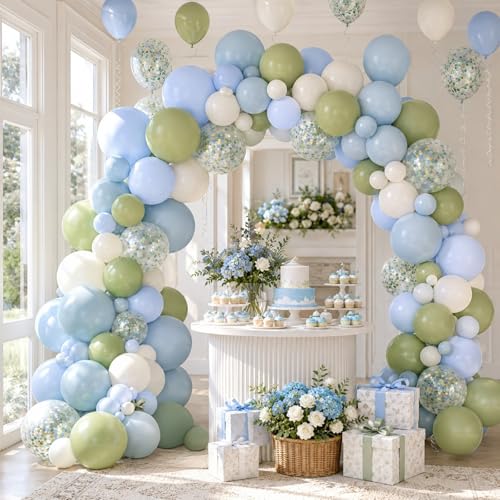 Image of Blue Green Balloons, 60 Pcs 12 Inch Dusty Blue Sage Green Ivory White Pastel Blue Balloons with Gold Confetti for Baby Shower Birthday Party Decorations
