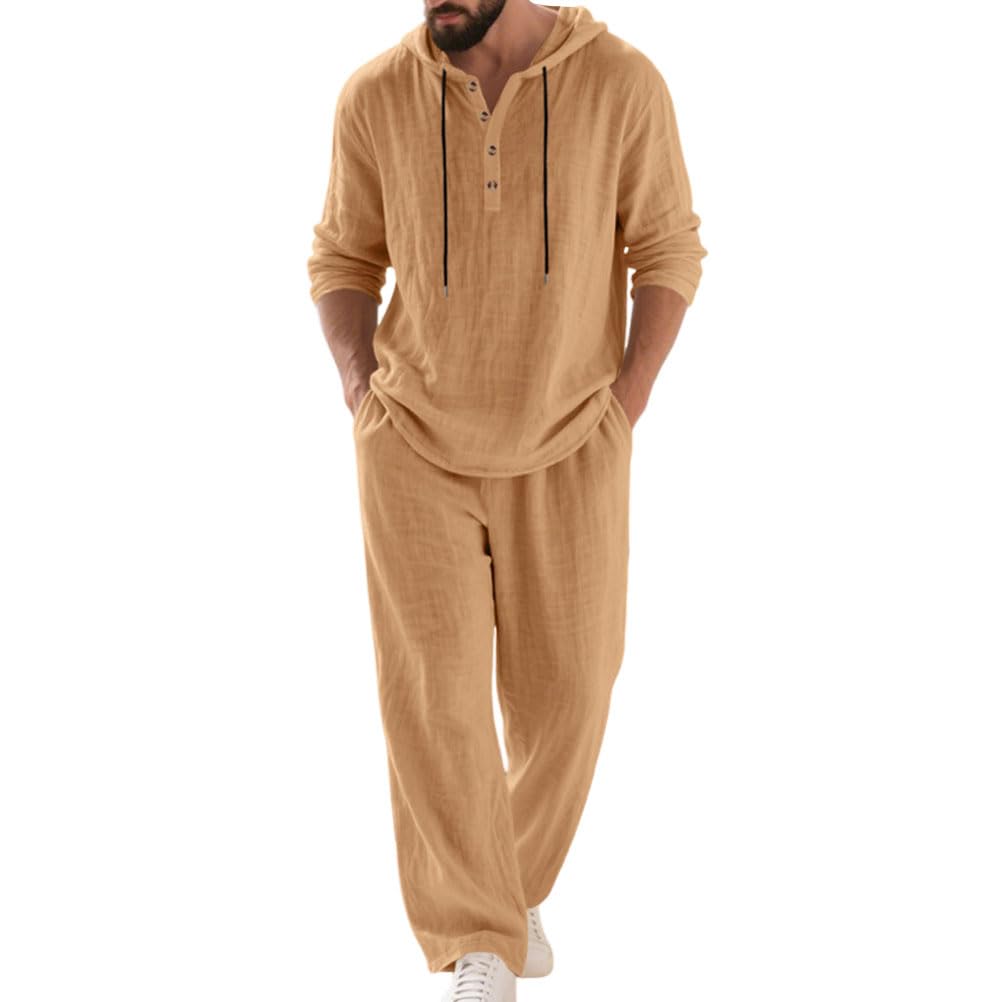 Homme Ensemble en Lin 2 Pièce Chemises Shirt à Capuche Manches Longues Pantalons Casual Vintage Survêtement Printemps Été