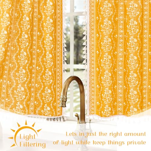 Image of Yinhua Boho Kitchen Curtains 36 Inch Length Vintage Linen Cafe Curtains Light Filtering Bohemian Floral Tier Rod Pocket Farmhouse Rustic Tassel Small Drapes with Tiebacks, 2 Panels, Yellow