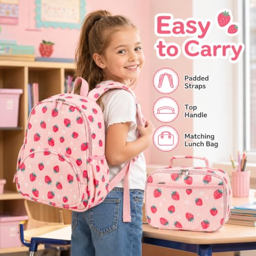 Image of LOIDOU Kids Backpack with Lunch Box Set, Toddler Preschool Boy Backpack with Chest Strap Kindergarten Backpack LunchBox Combo (Strawberry)