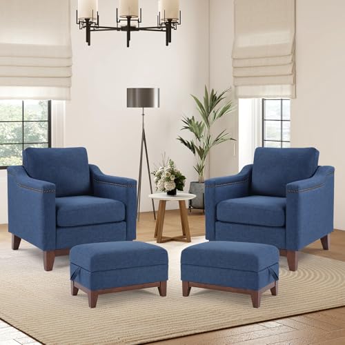 Image of HAOMARKETS 4 Piece Chenille Sofa Set with Nailhead Trim, Included 2 Comfy Accent Chair with Thicked Cushion and 2 Upholstered Storage Ottoman with Flip-Top Table, Living Room Furniture Set,Blue