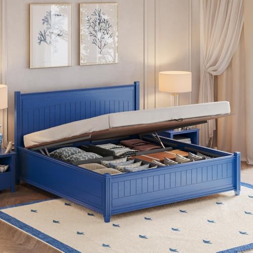 Image of Wakefit Wood Nilaka King Hydraulic Brown Storage Bed,Blue