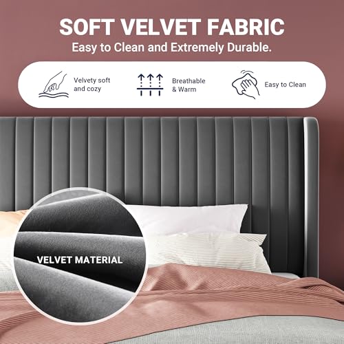 Image of Allewie Queen Size Velvet Bed Frame /Vertical Channel Tufted Wingback Headboard /Upholstered Platform Bed /Strong Wooden Slats /No Box Spring Needed /Easy Assembly /Grey