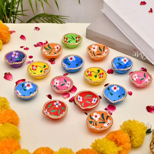 Image of STLYZ Colourful Handmade Diyas for Diwali Hand Painted Decorative Clay Mitti Diya Deepak Lanterns for Diwali Decoration (Pack of 4)