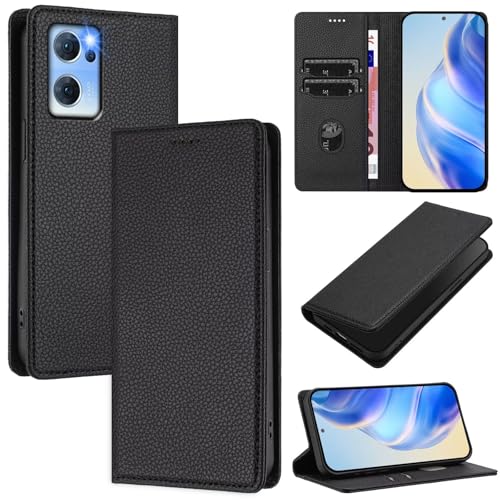 xinyunew Handyhülle für Oppo Reno 7 5G/Find X5 lite Hülle, Klapphülle Premium Lederhülle Klappbar Flip Hülle Tasche Magnet Kartenfach Standfunktion Klapphülle Schutzhülle, Schwarz