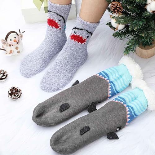 Image of Liitrsh 2 Pairs Fuzzy Slipper Socks with Grippers Animal Sock Sherpa Lining Warm Plush Animal Lover Gift for Valentine's Day
