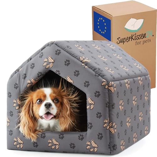 SuperKissen24. Hundehütte Indoor - Hundebett - Hundebox für Kleine Mittlere und Große Hunde und Katzen - Wasserdicht Hundehöhle - Katzenhöhle - 50x64x45 cm - Pfoten Grau