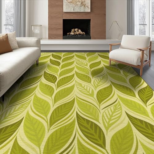 ODIKA 6'x9' Washable Contemporary Botanical Area Rug, Light Green Non-Shedding Pet Friendly Room Rug Foldable Easy Care Carpet for Queen Size Bedroom, Under Bed, Master Suite | Ref:1992917